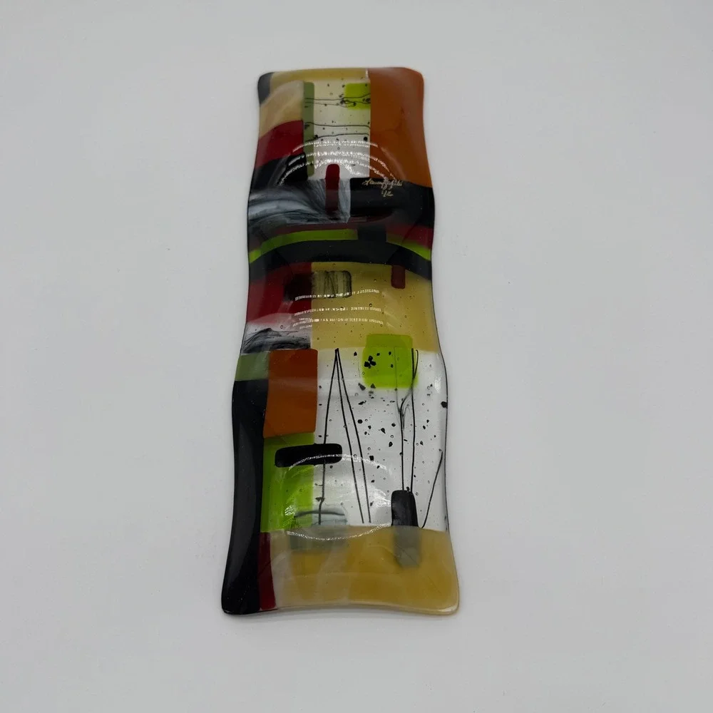 Lauren Goldfield '92 Fused Art Glass Tray Plate Colorful Abstract Design Devided